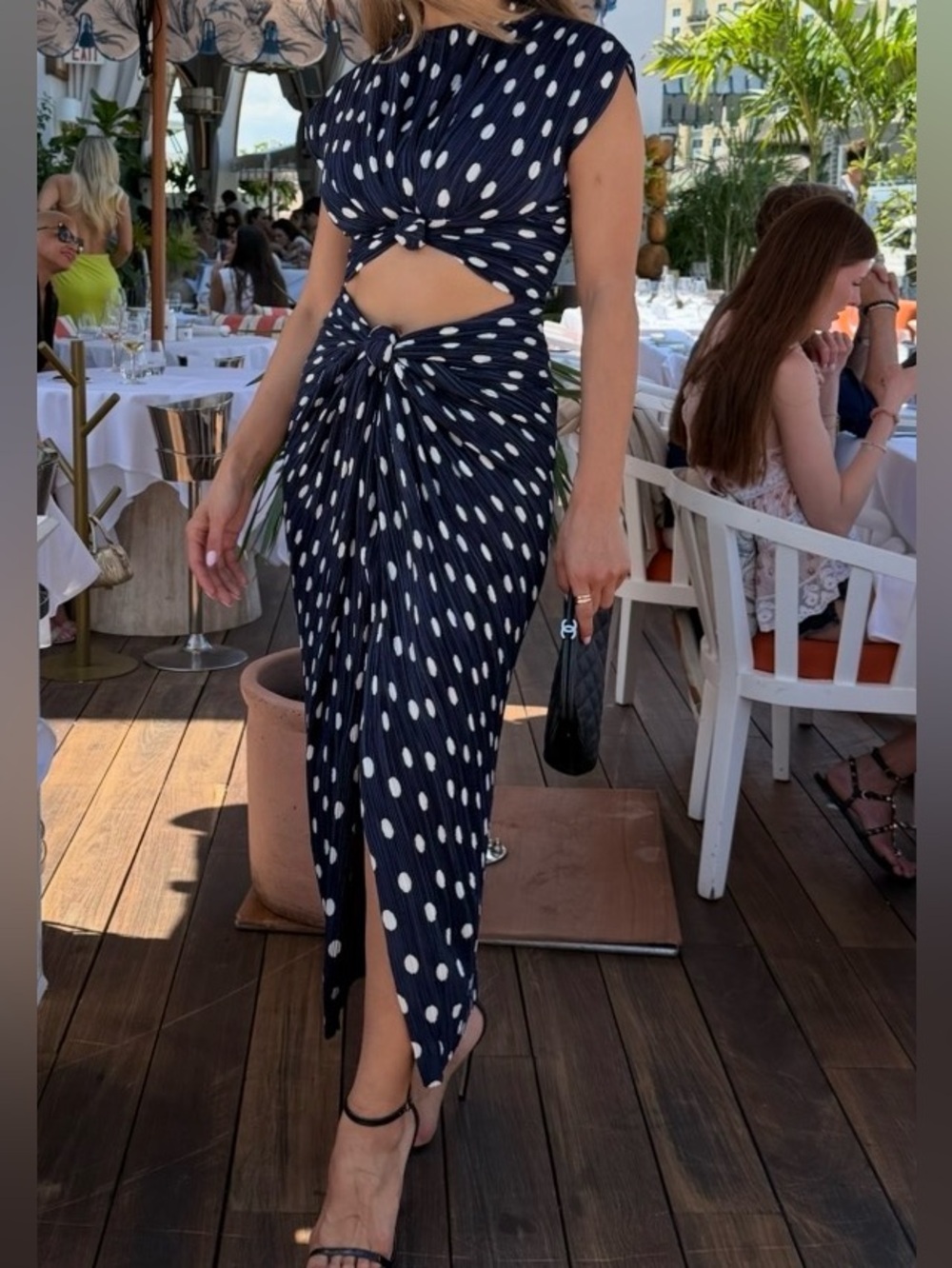 cult gaia Navy and White Polka-Dot Knot Front Midi Dress - Picture 3 of 3